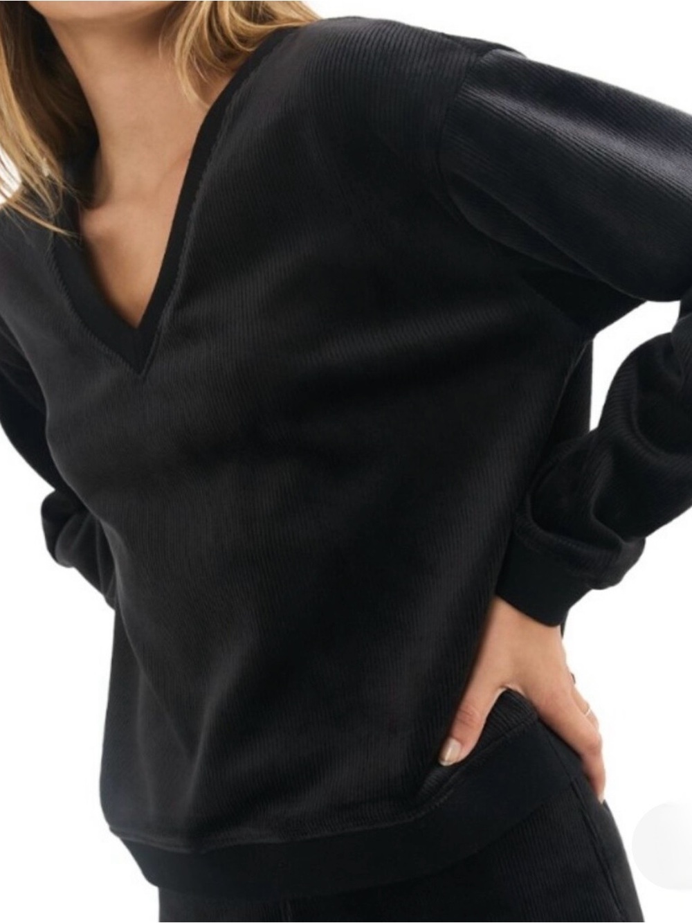 Marine Layer Corduroy Ribbed Velour V Neck Sweatshirt - Size L - black
